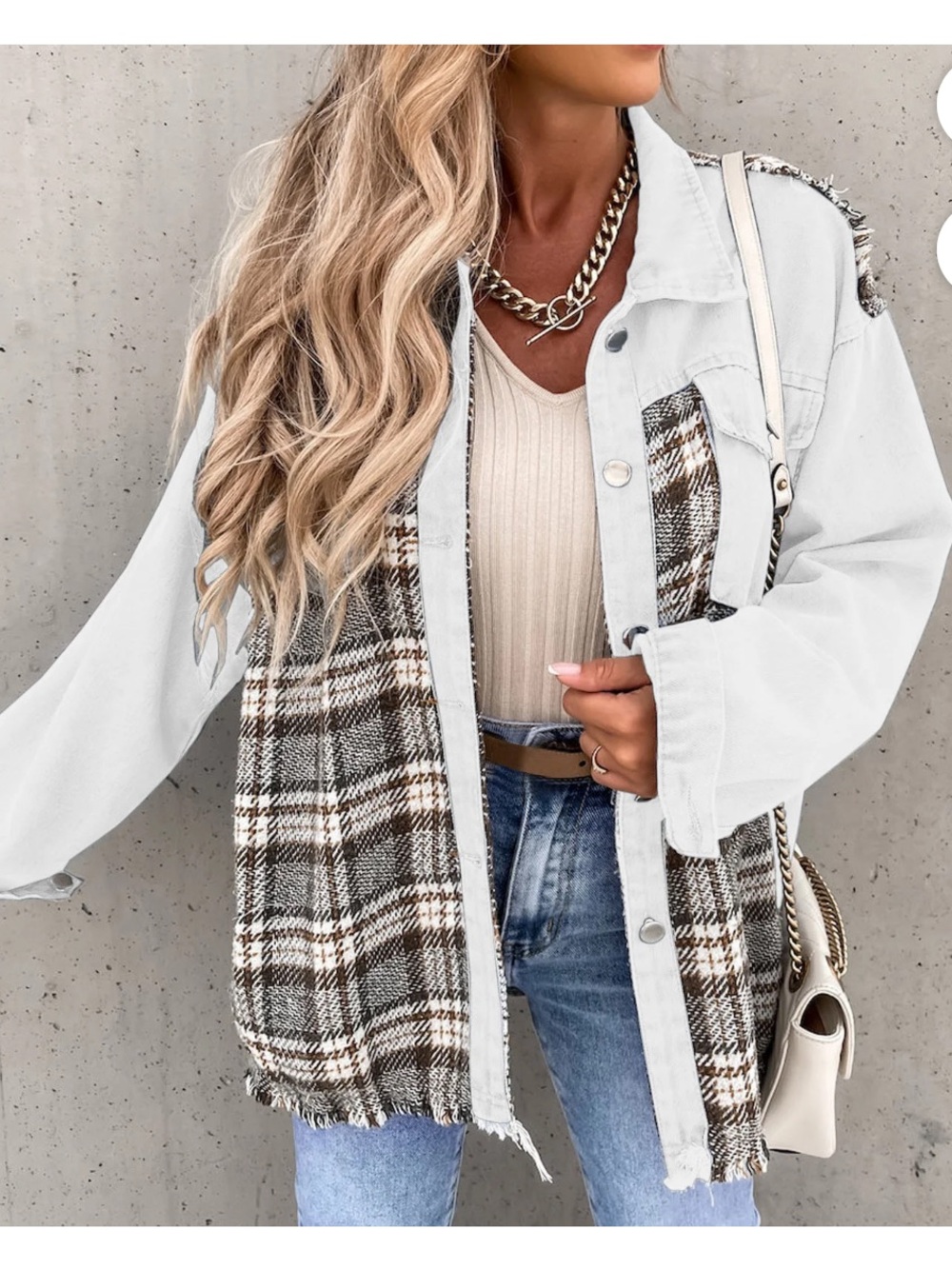 BTFBM White Denim & Plaid Button up Shacket